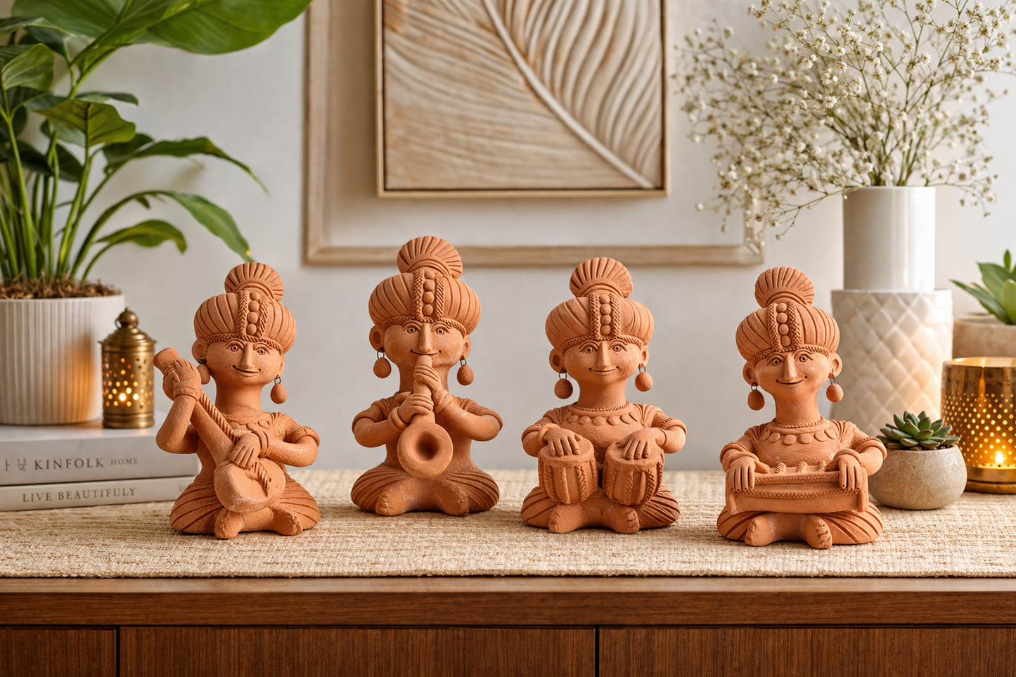 Handmade GI Tagged Gorakhpur Terracotta Tribal Musicians Set (Set of 4) – 8 Inches