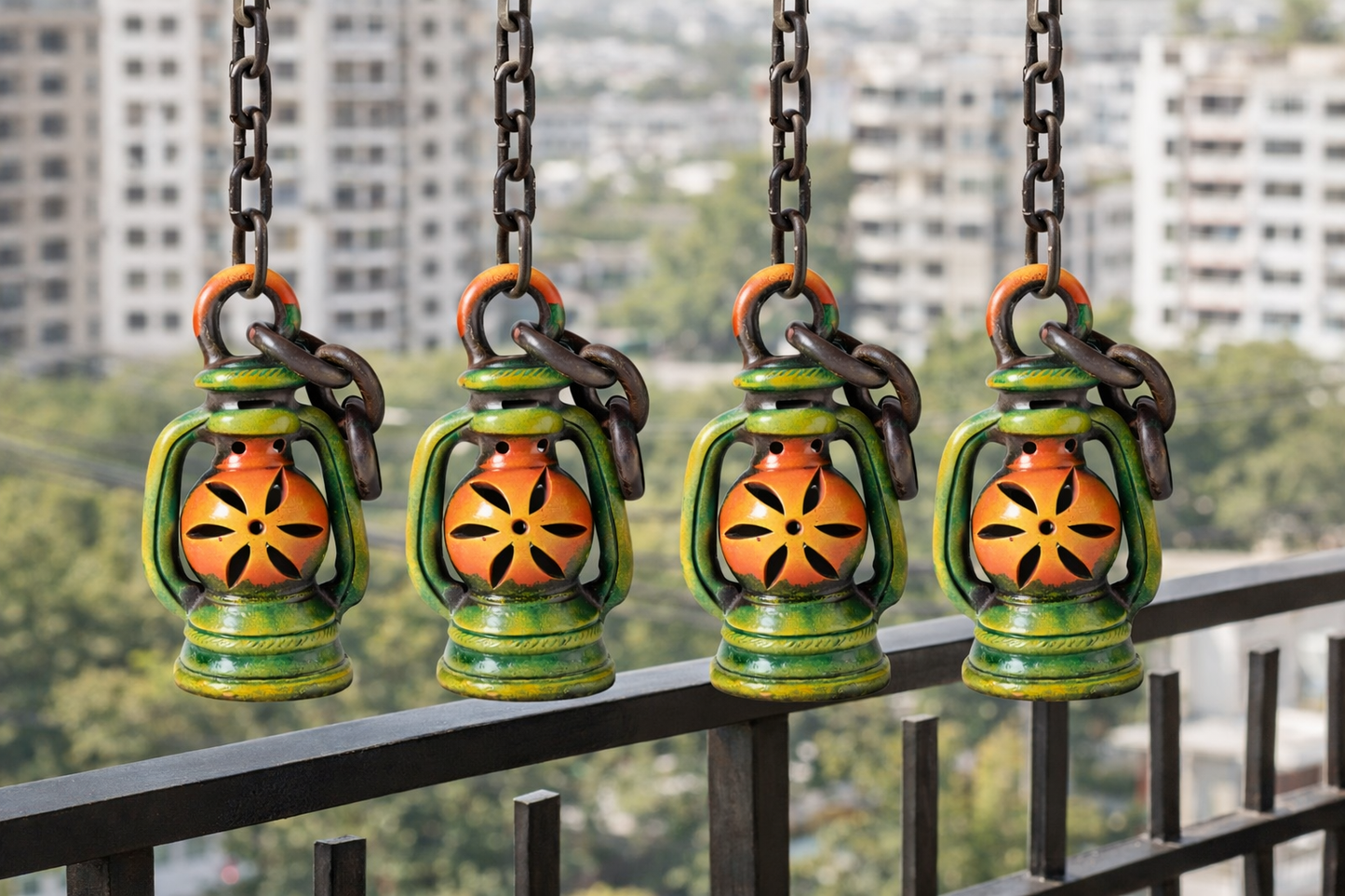 Handmade GI Tagged Gorakhpur Terracotta Mini Hanging Lantern (Set of 4)