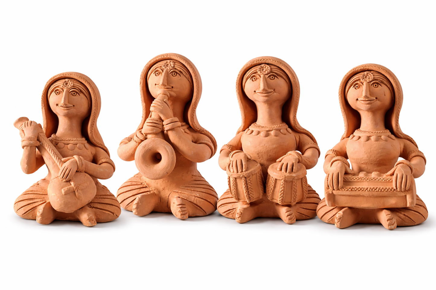 Handmade GI Tagged Gorakhpur Terracotta Tribal Lady Musicians Figurine Set (Set of 4) – 8 Inches