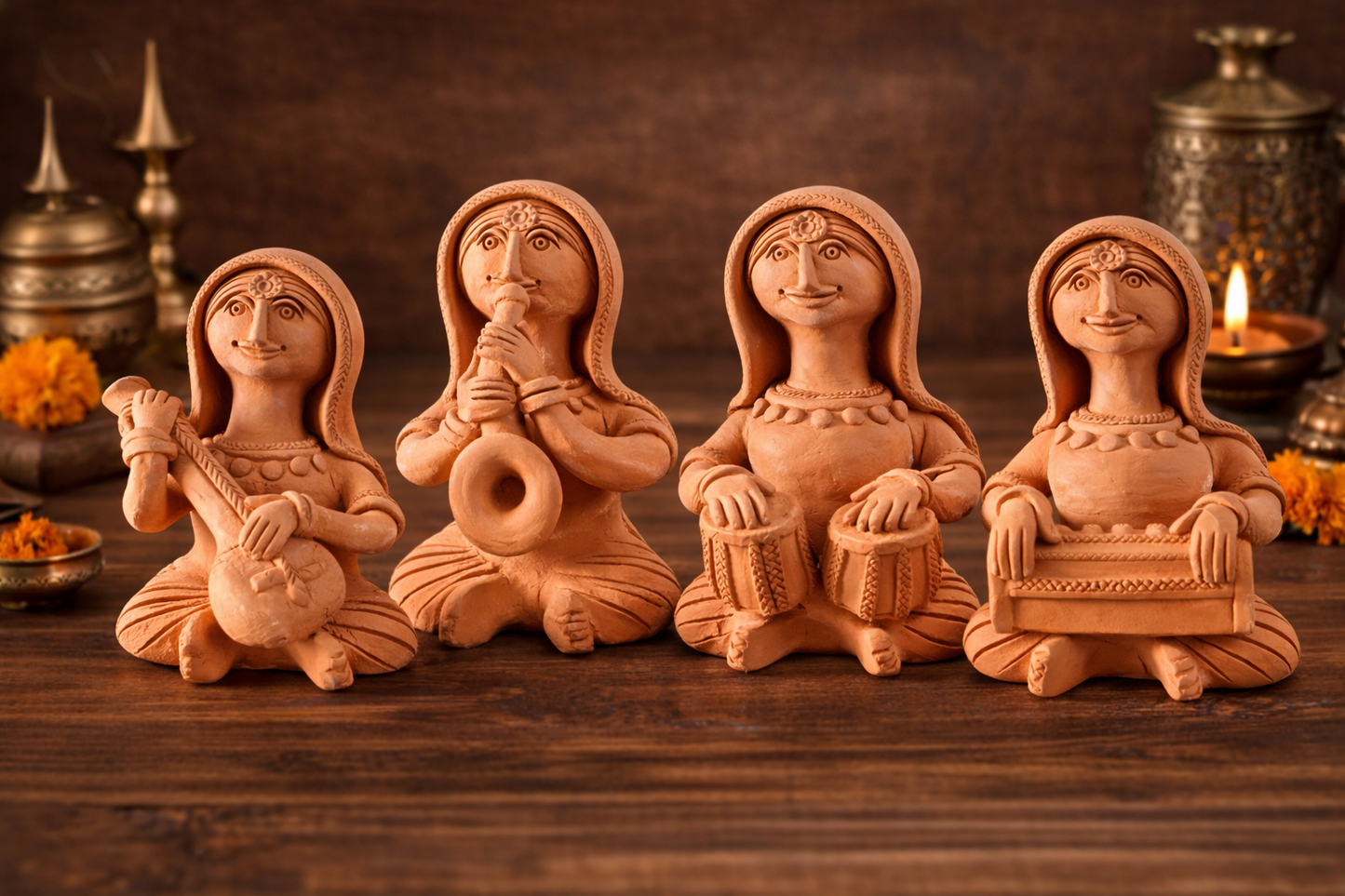 Handmade GI Tagged Gorakhpur Terracotta Tribal Lady Musicians Figurine Set (Set of 4) – 8 Inches