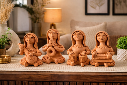 Handmade GI Tagged Gorakhpur Terracotta Tribal Lady Musicians Figurine Set (Set of 4) – 8 Inches