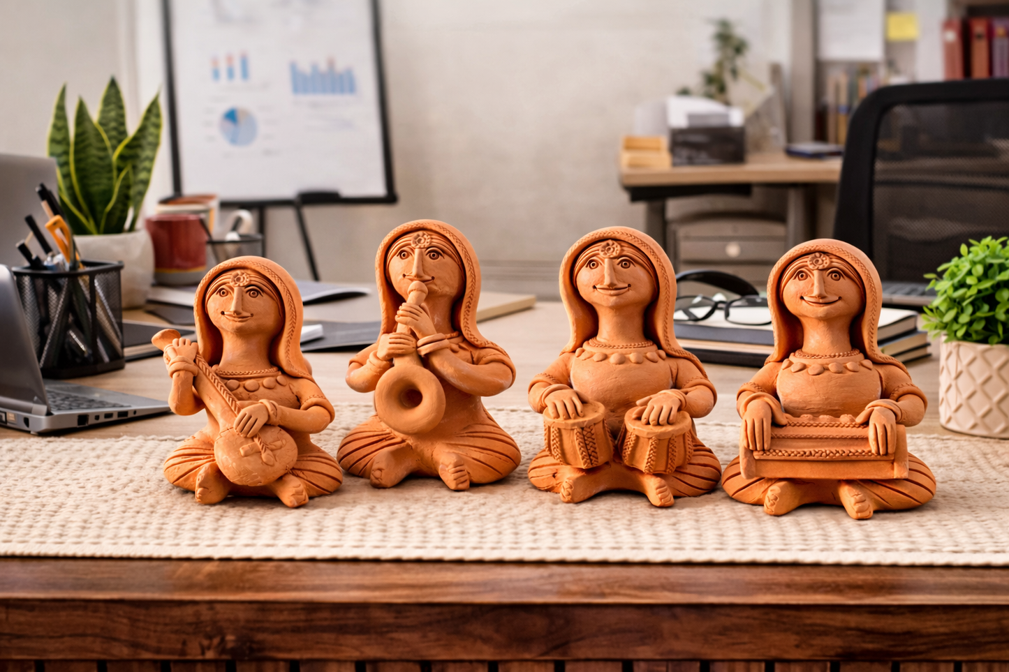 Handmade GI Tagged Gorakhpur Terracotta Tribal Lady Musicians Figurine Set (Set of 4) – 8 Inches