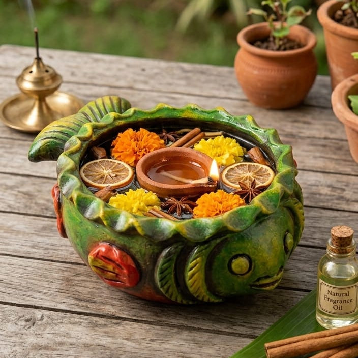 A decorative green ceramic incense burner filled with incense sticks and flowers, set on a rustic wooden table outdoors with a brass incense holder, small plants, and a bottle nearby.