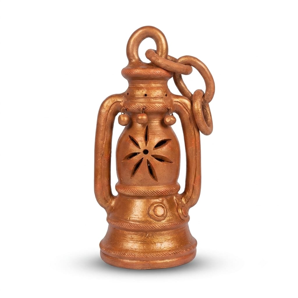Handmade GI Tagged Gorakhpur Terracotta Vintage Lantern Showpiece – Copper Metallic Finish