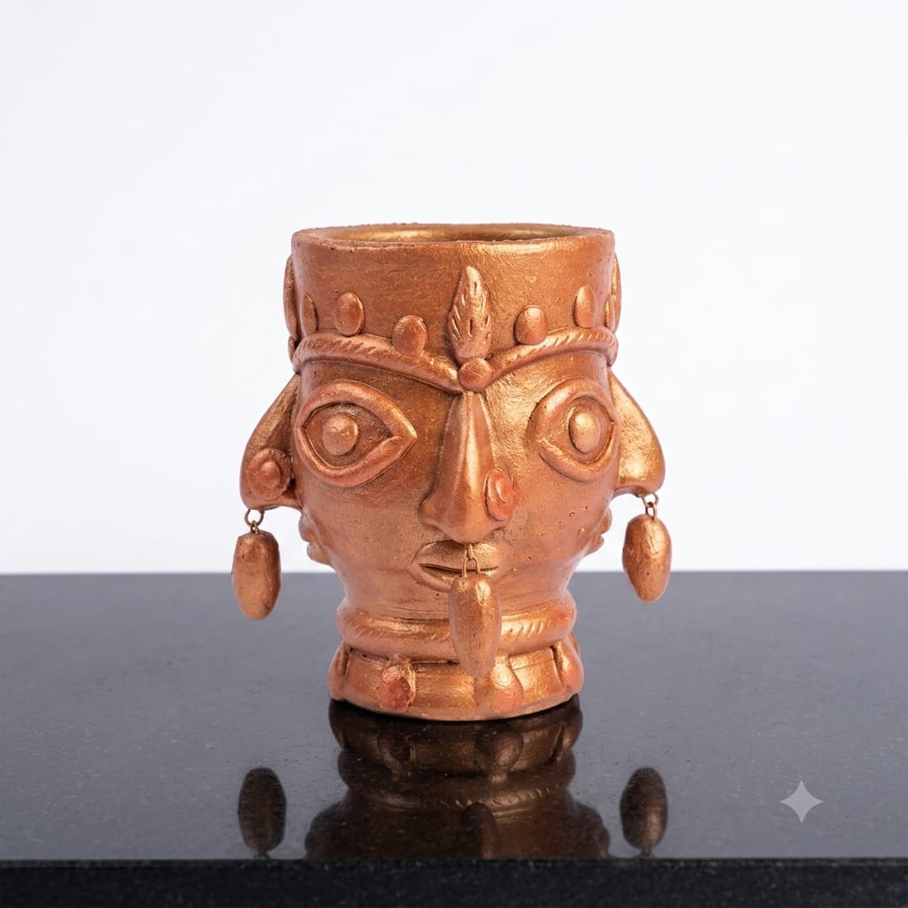 Handmade GI Tagged Gorakhpur Terracotta Tribal Face Planter & Utility Holder – Copper Metallic Finish