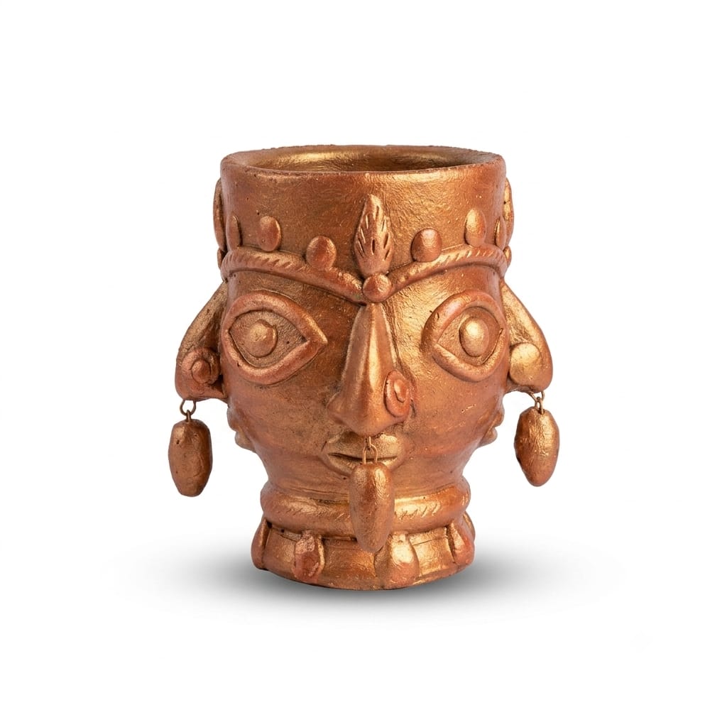 Handmade GI Tagged Gorakhpur Terracotta Tribal Face Planter & Utility Holder – Copper Metallic Finish