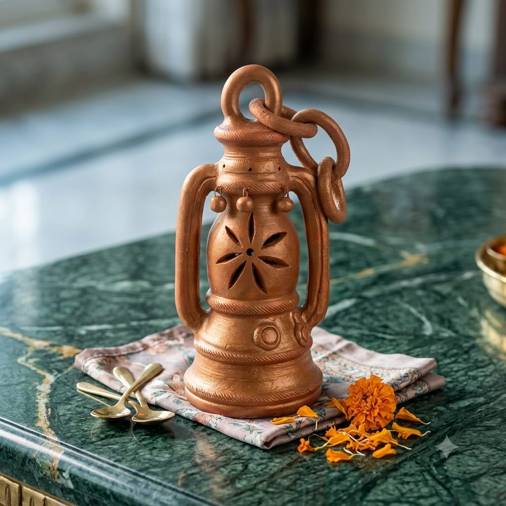 Handmade GI Tagged Gorakhpur Terracotta Vintage Lantern Showpiece – Copper Metallic Finish