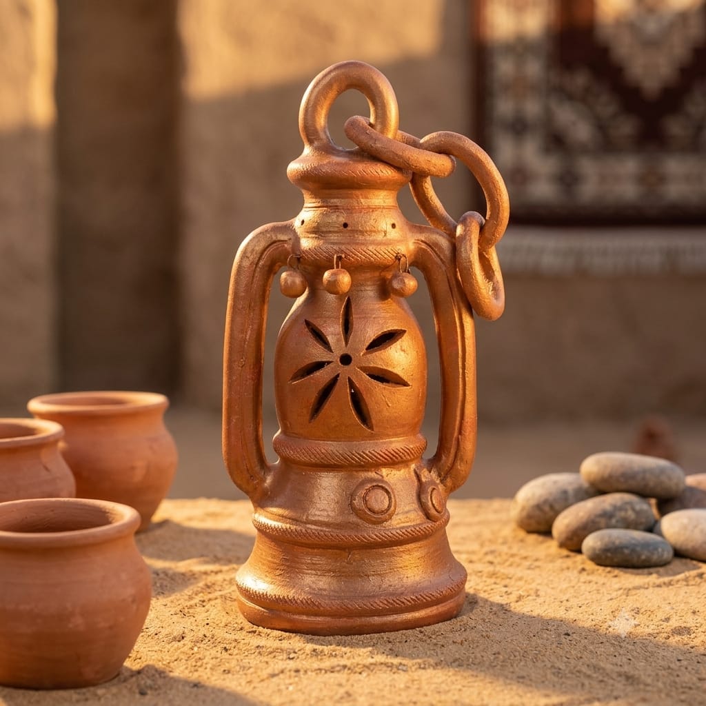 Handmade GI Tagged Gorakhpur Terracotta Vintage Lantern Showpiece – Copper Metallic Finish
