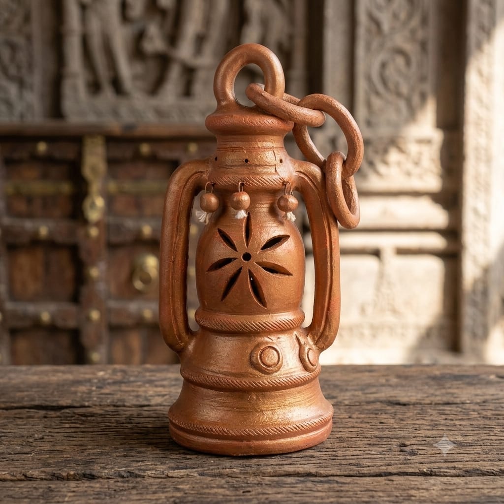 Handmade GI Tagged Gorakhpur Terracotta Vintage Lantern Showpiece – Copper Metallic Finish