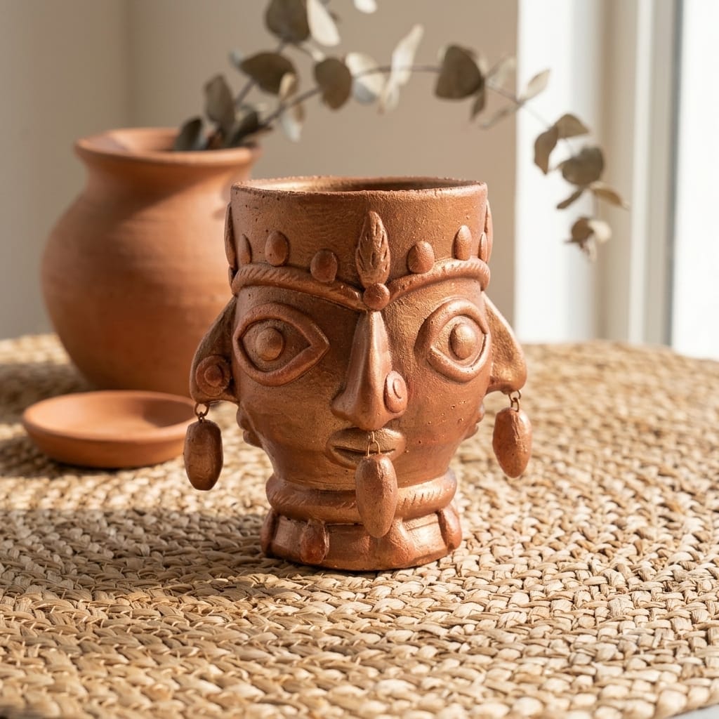 Handmade GI Tagged Gorakhpur Terracotta Tribal Face Planter & Utility Holder – Copper Metallic Finish