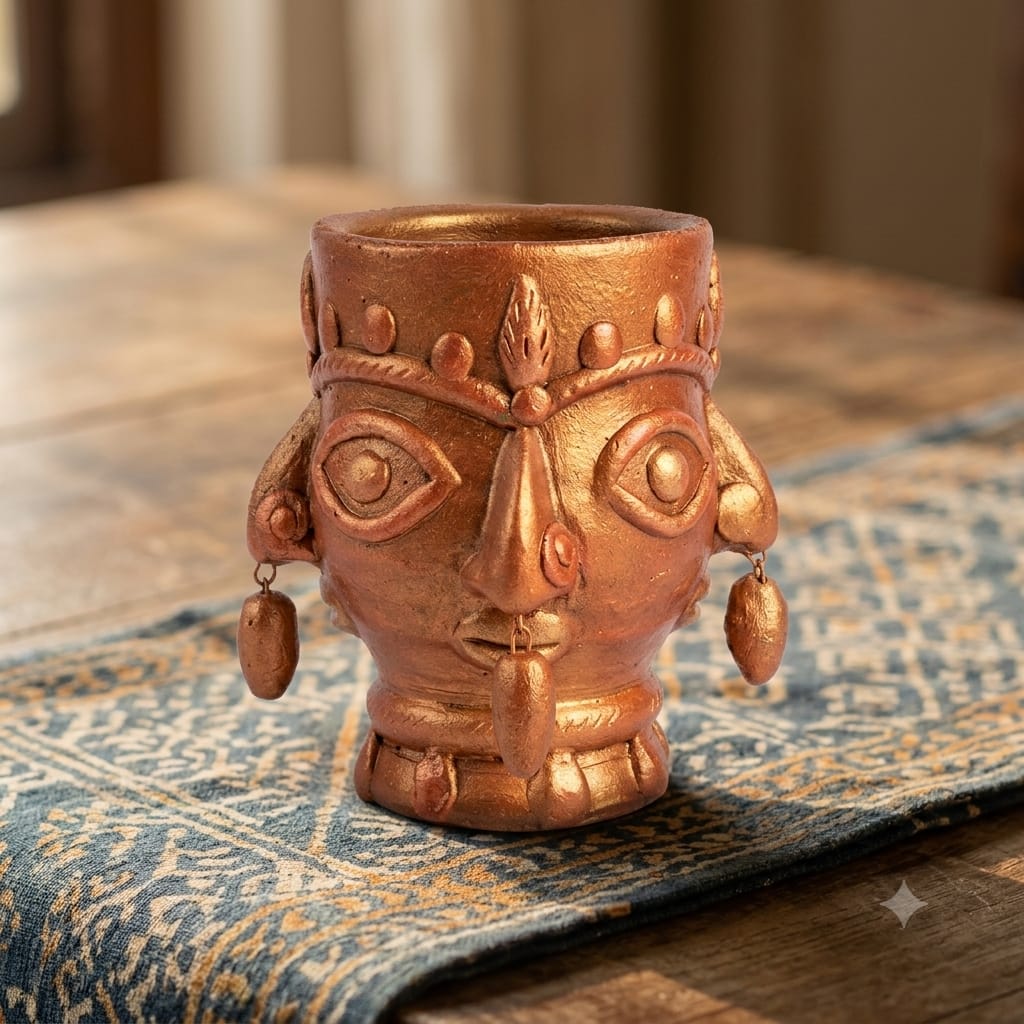 Handmade GI Tagged Gorakhpur Terracotta Tribal Face Planter & Utility Holder – Copper Metallic Finish