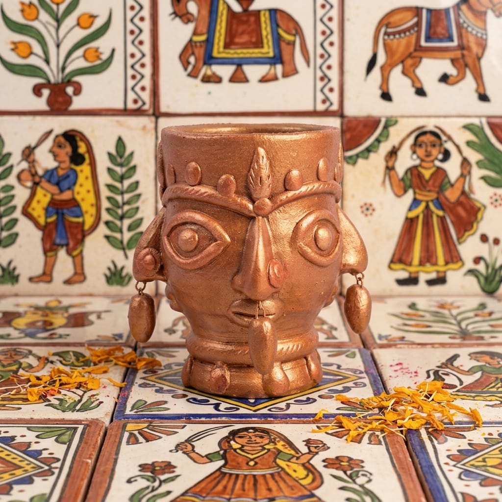 Handmade GI Tagged Gorakhpur Terracotta Tribal Face Planter & Utility Holder – Copper Metallic Finish