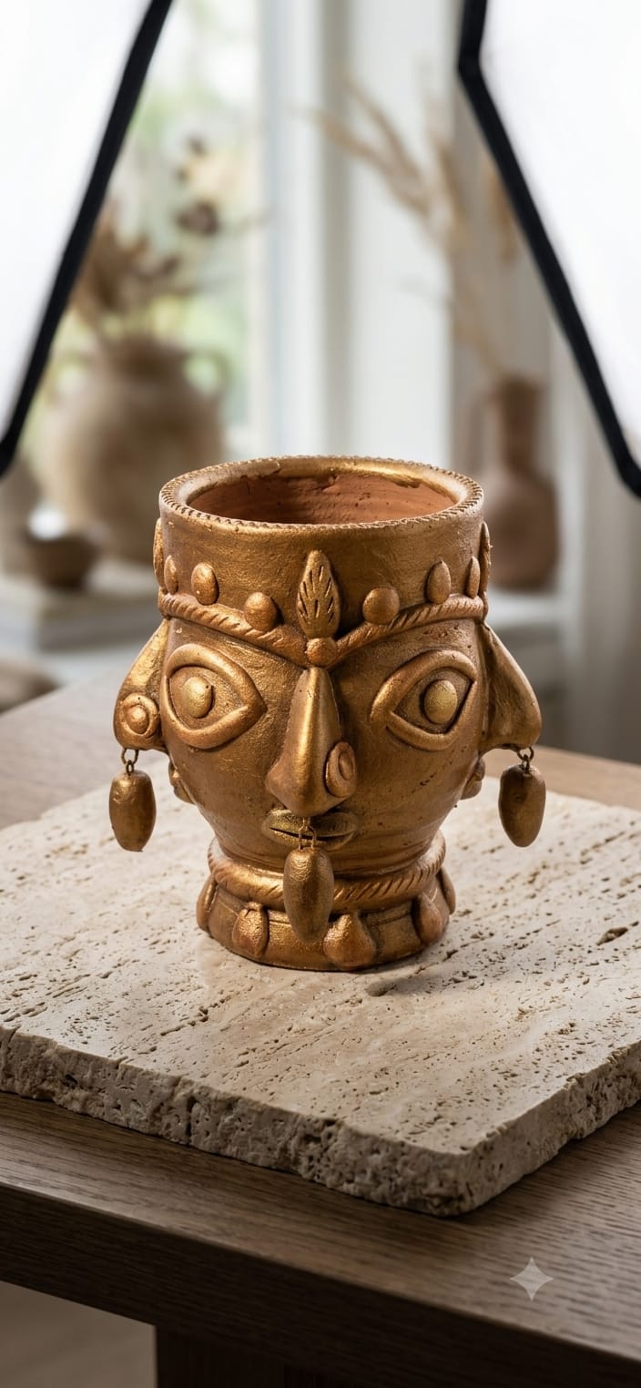Handmade GI Tagged Gorakhpur Terracotta Tribal Face Planter & Utility Holder – Copper Metallic Finish