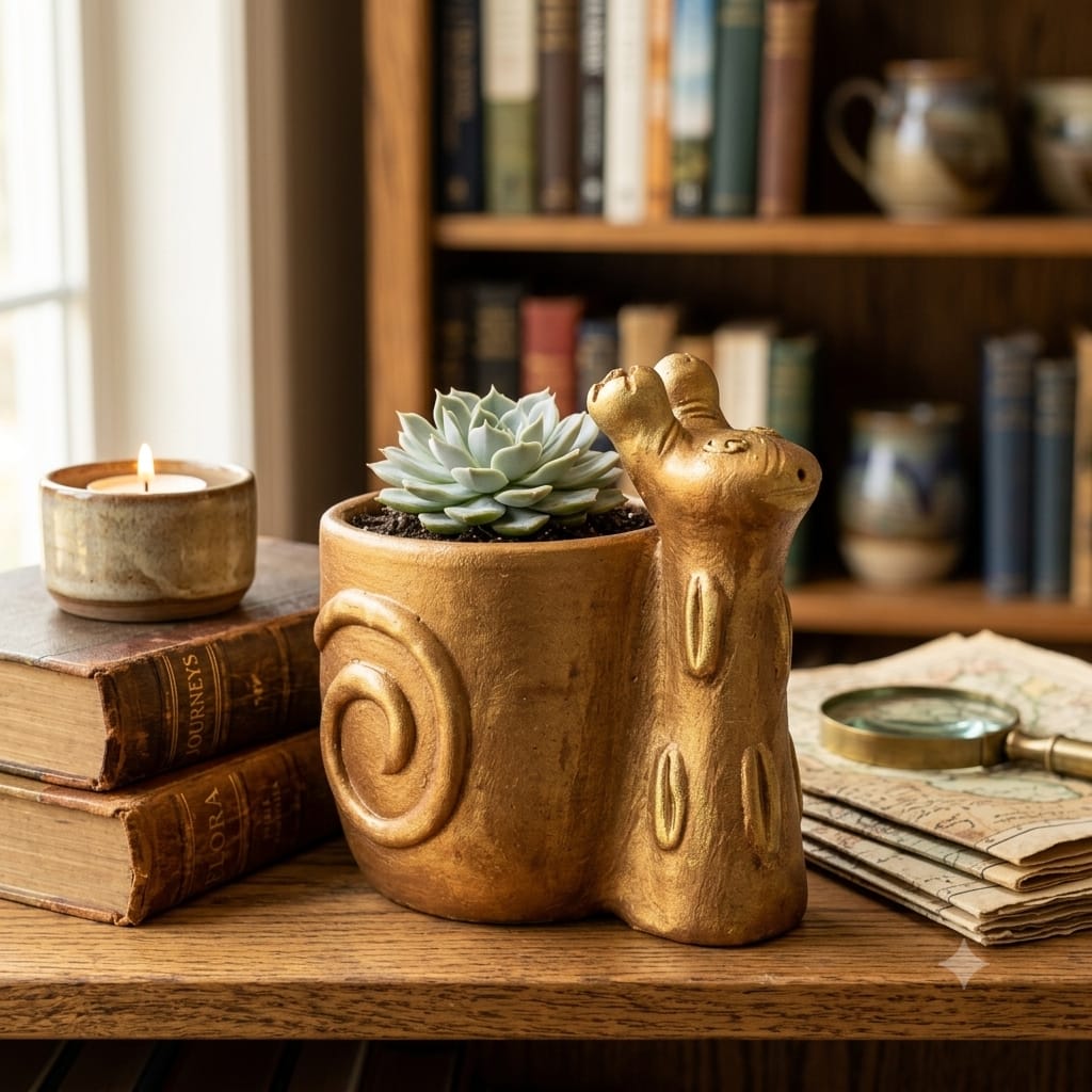 Handmade GI Tagged Gorakhpur Terracotta Snail Pen Stand & Mini Planter – Copper Metallic Finish 5 inch
