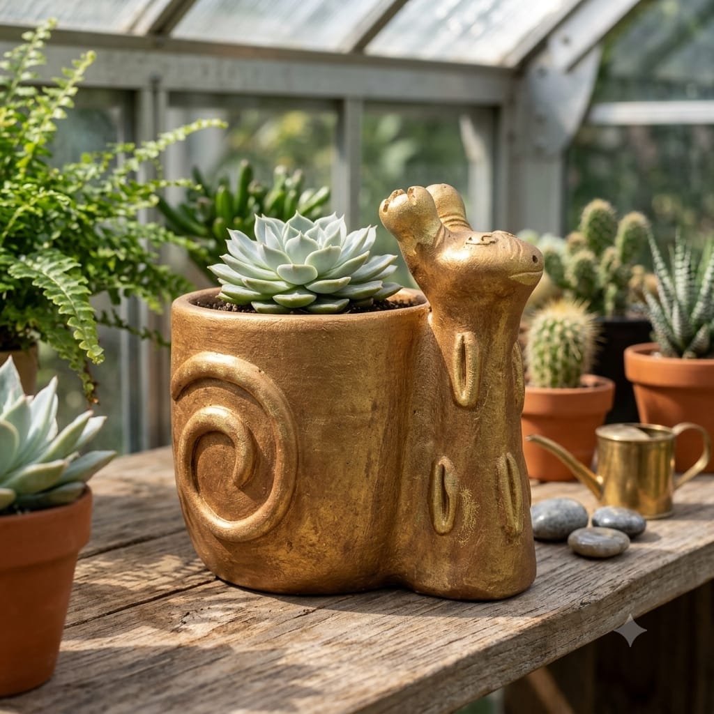 Handmade GI Tagged Gorakhpur Terracotta Snail Pen Stand & Mini Planter – Copper Metallic Finish 5 inch