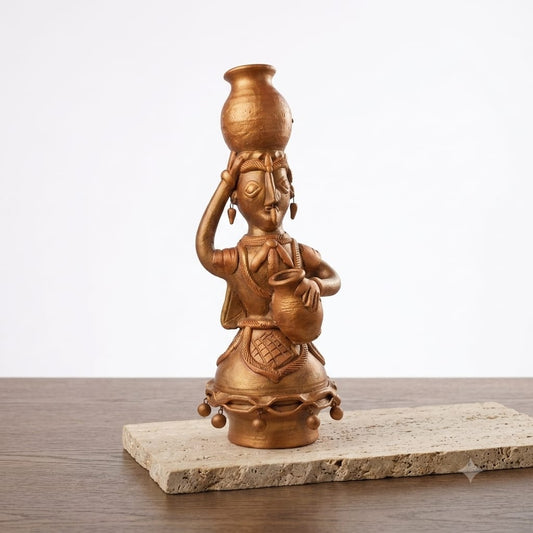 Handmade GI Tagged Gorakhpur Terracotta Tribal Woman with Matka Showpiece | 12 Inch | Copper Metallic Finish | Decorative Folk Art Statue