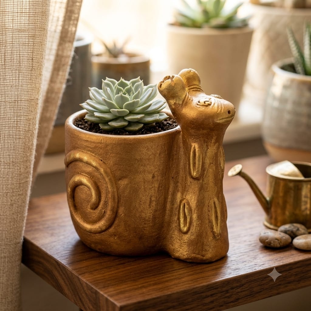 Handmade GI Tagged Gorakhpur Terracotta Snail Pen Stand & Mini Planter – Copper Metallic Finish 5 inch