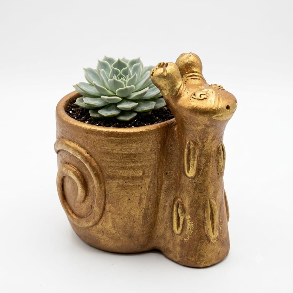 Handmade GI Tagged Gorakhpur Terracotta Snail Pen Stand & Mini Planter – Copper Metallic Finish 5 inch