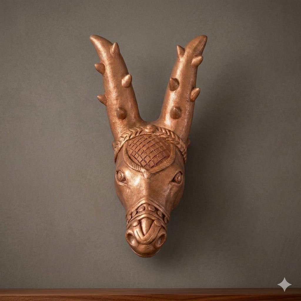 Handmade GI Tagged Gorakhpur Terracotta Royal Deer Head Wall Hanging Showpiece – Copper Metallic Finish
