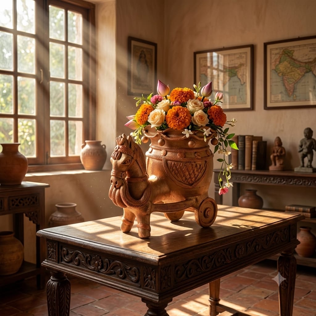 Handmade GI Tagged Gorakhpur Terracotta Horse Cart Flower Vase (9 Inch)