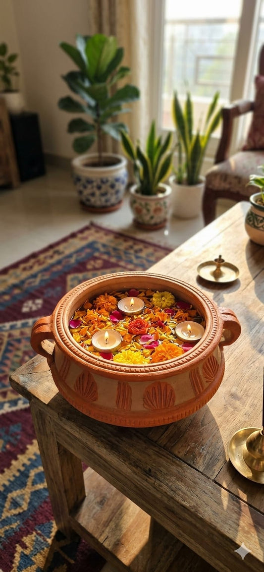 Handmade GI Tagged Gorakhpur Terracotta Decorative Urli Bowl – 8 Inch Round Floating Flower Urli