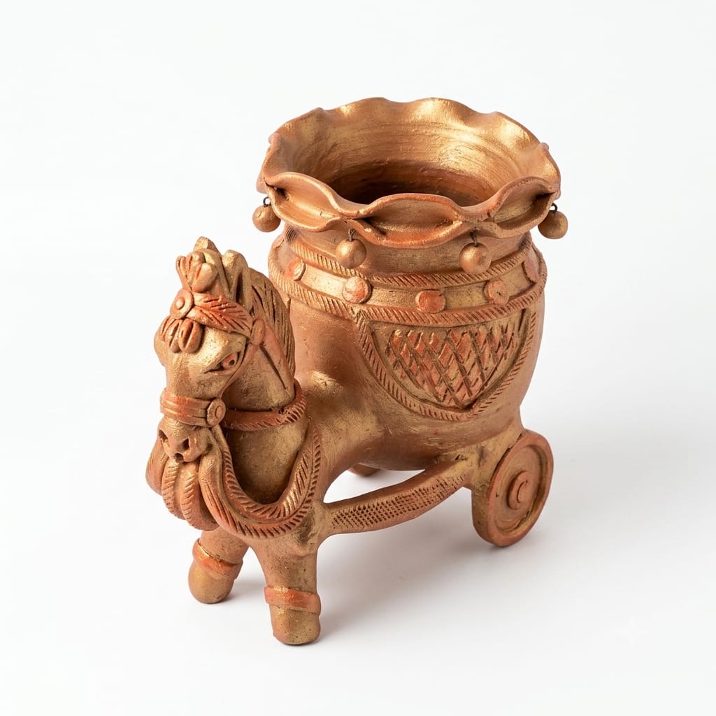 Handmade GI Tagged Gorakhpur Terracotta Horse Cart Flower Vase (9 Inch)
