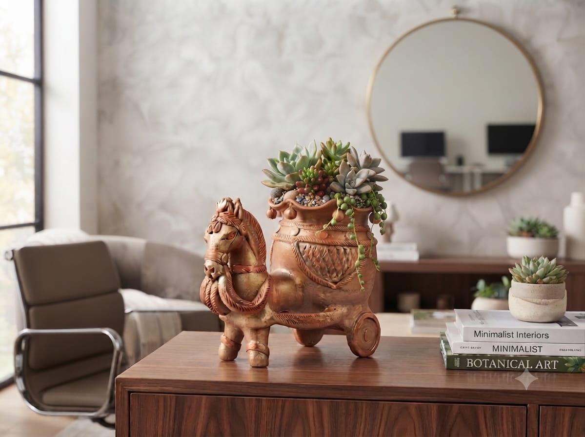 Handmade GI Tagged Gorakhpur Terracotta Horse Cart Flower Vase (9 Inch)