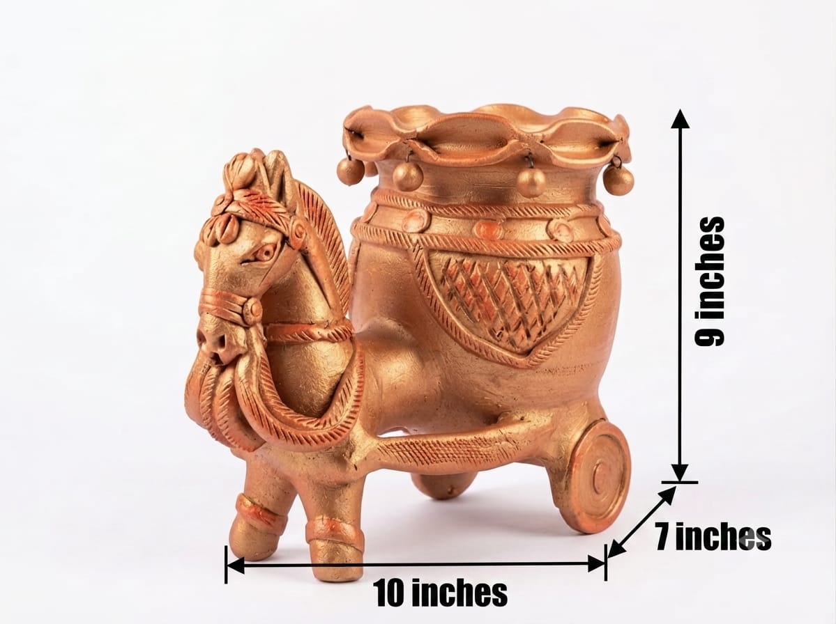 Handmade GI Tagged Gorakhpur Terracotta Horse Cart Flower Vase (9 Inch)