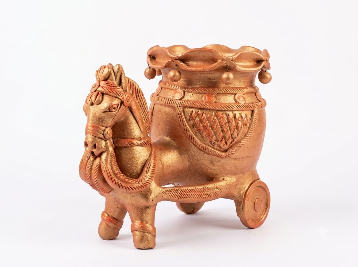 Handmade GI Tagged Gorakhpur Terracotta Horse Cart Flower Vase (9 Inch)