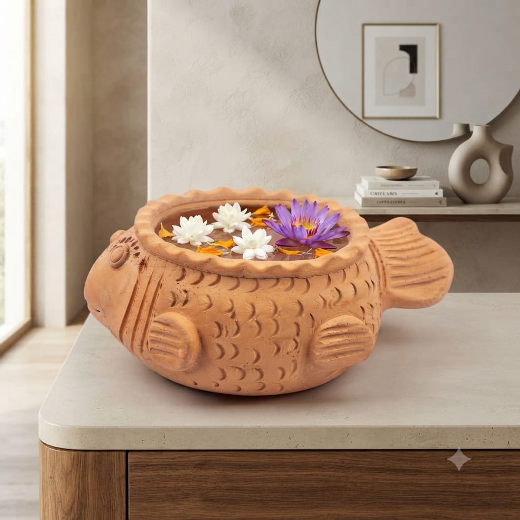 Handmade GI Tagged Gorakhpur Terracotta Fish Urli Planter & Floating Flower Bowl (8 Inch)