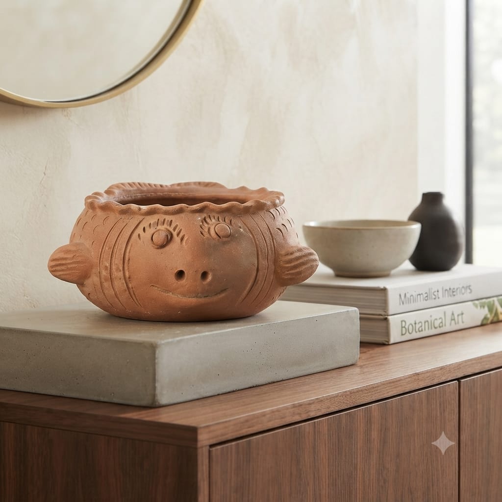 Handmade GI Tagged Gorakhpur Terracotta Fish Urli Planter & Floating Flower Bowl (8 Inch)
