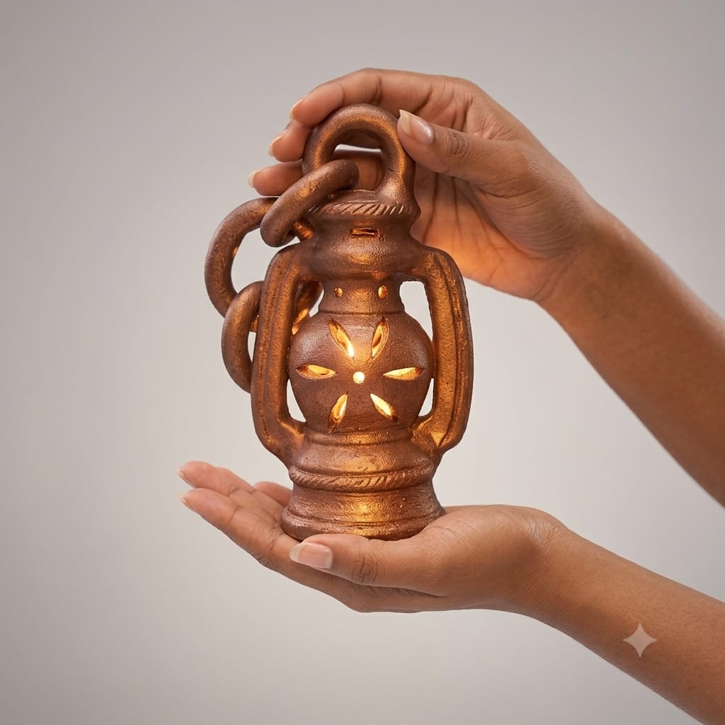 Handmade GI Tagged Gorakhpur Terracotta Mini Hanging Lantern – Copper Metallic Finish