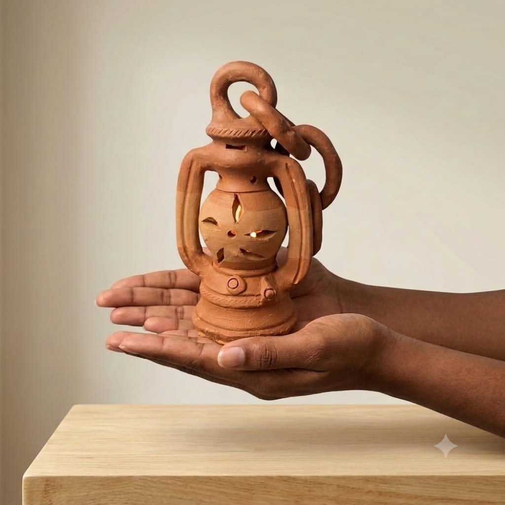 Handmade GI Tagged Gorakhpur Terracotta Mini Hanging Lantern – Copper Metallic Finish