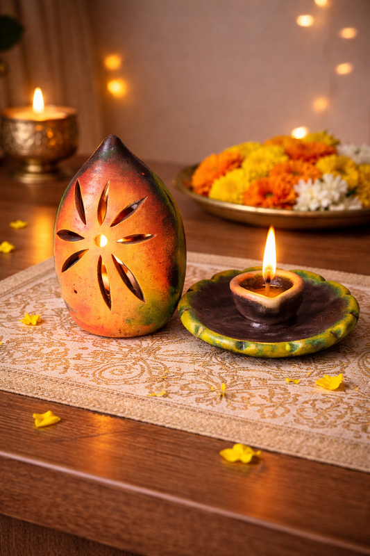 Handmade GI Tagged Gorakhpur Terracotta Akhand Jyot Diya Cover with Sacred Lamp (6 Inch)