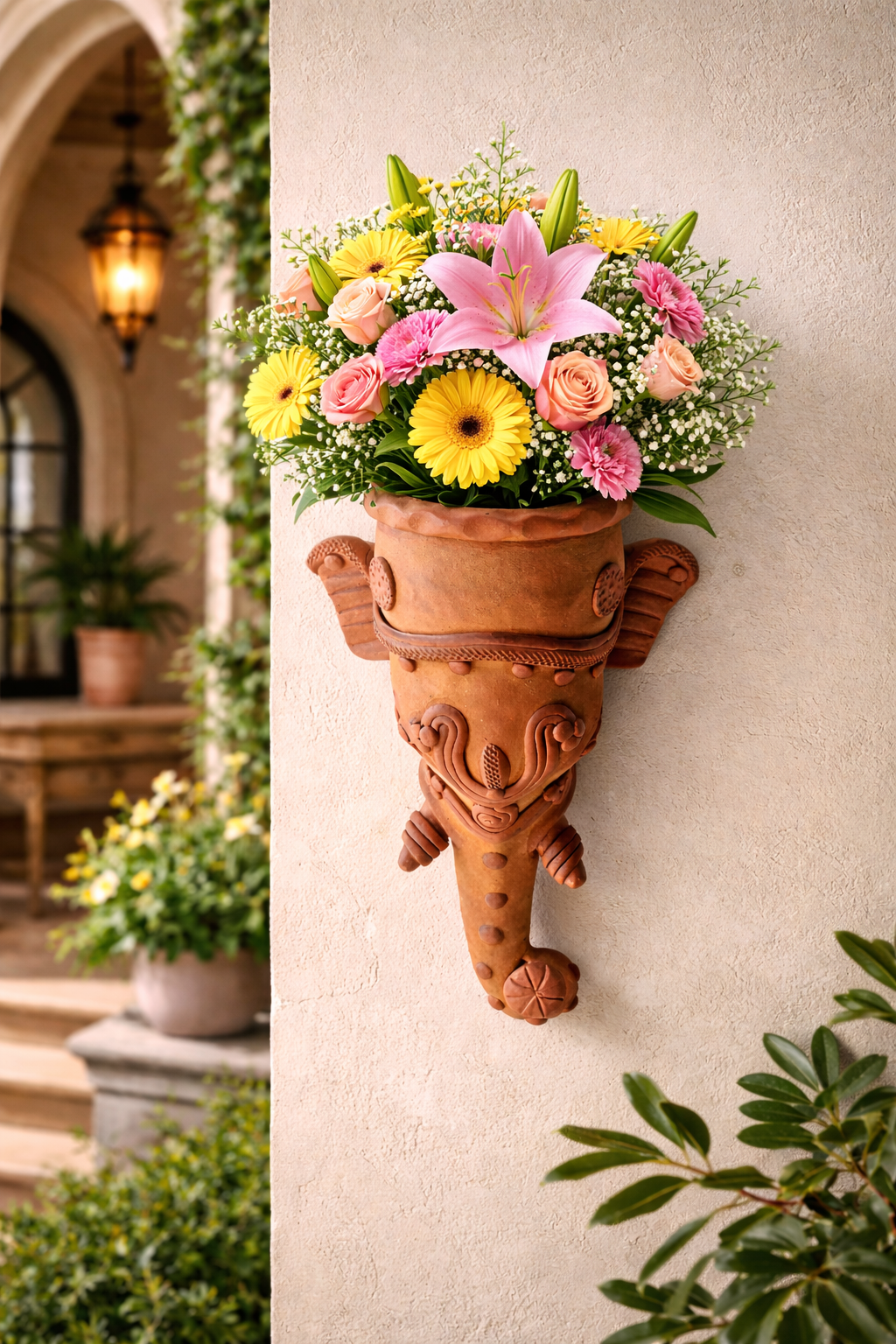A terracotta elephant-shaped wall-mounted planter holding a colorful flower arrangement with pink lilies, yellow daisies, and pink roses, mounted on a beige stucco wall in an outdoor setting.