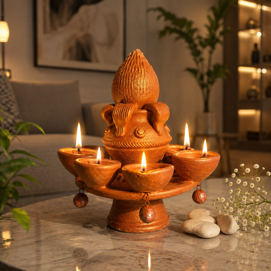 Handmade GI Tagged Gorakhpur Terracotta Panch Diya Akhand Jyot Stand | 5 Diya Decorative Oil Lamp | Traditional Temple & Home Décor