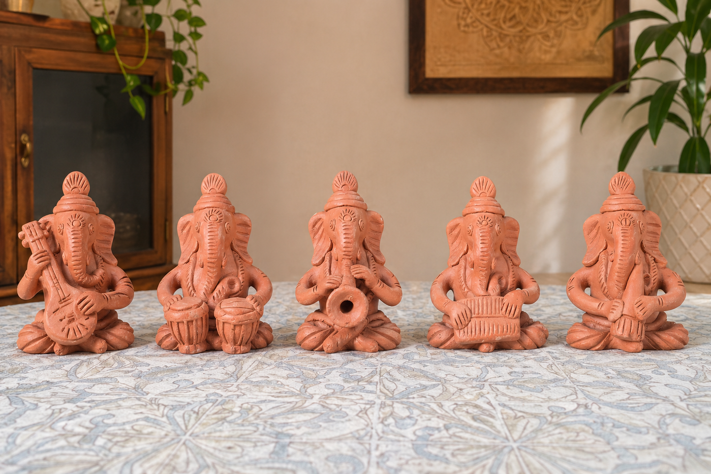 Handmade GI Tagged Gorakhpur Terracotta Musical Ganesha Idol Set (Set of 5)