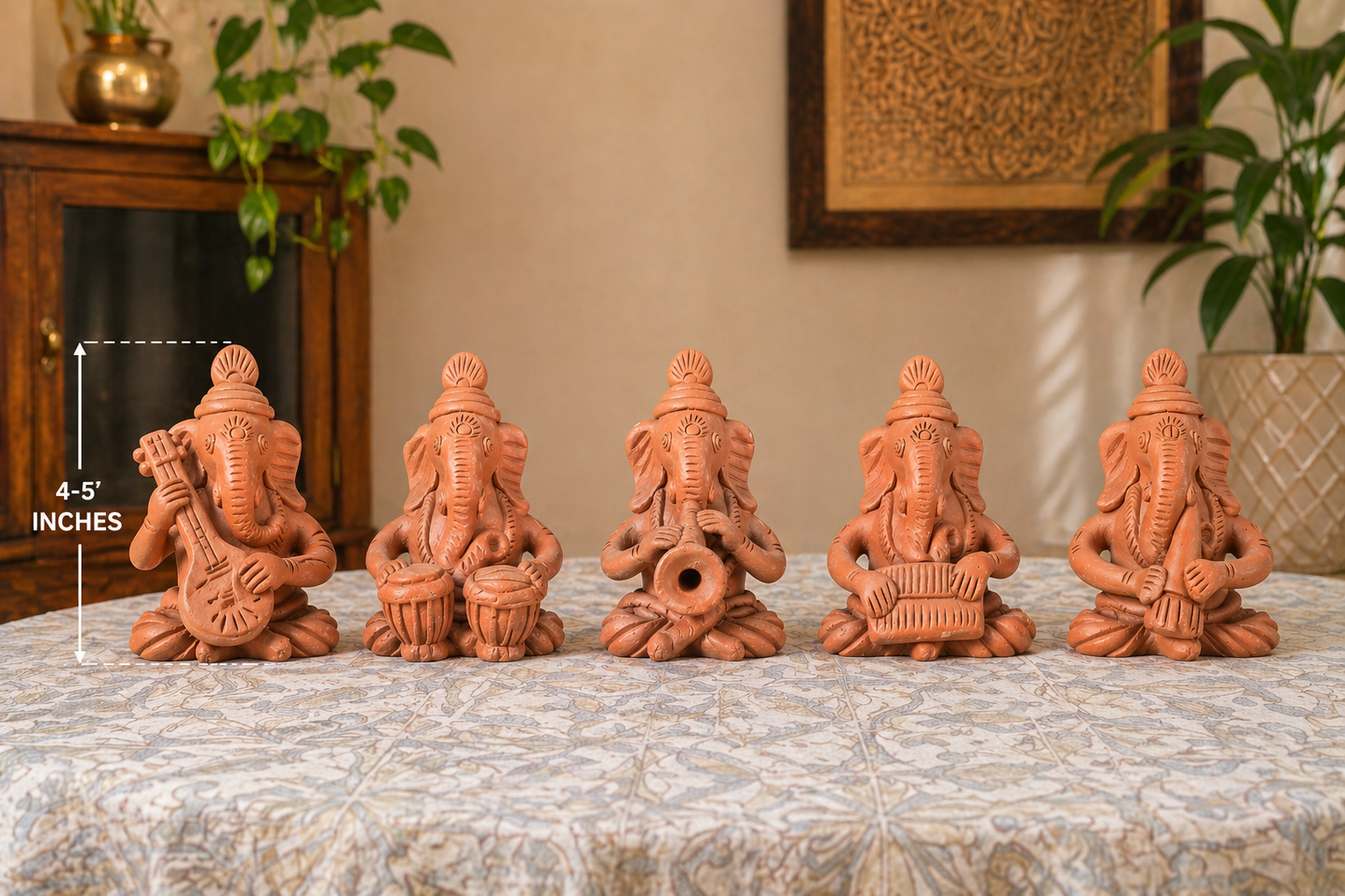 Handmade GI Tagged Gorakhpur Terracotta Musical Ganesha Idol Set (Set of 5)