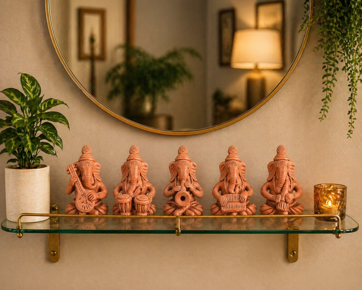 Handmade GI Tagged Gorakhpur Terracotta Musical Ganesha Idol Set (Set of 5)