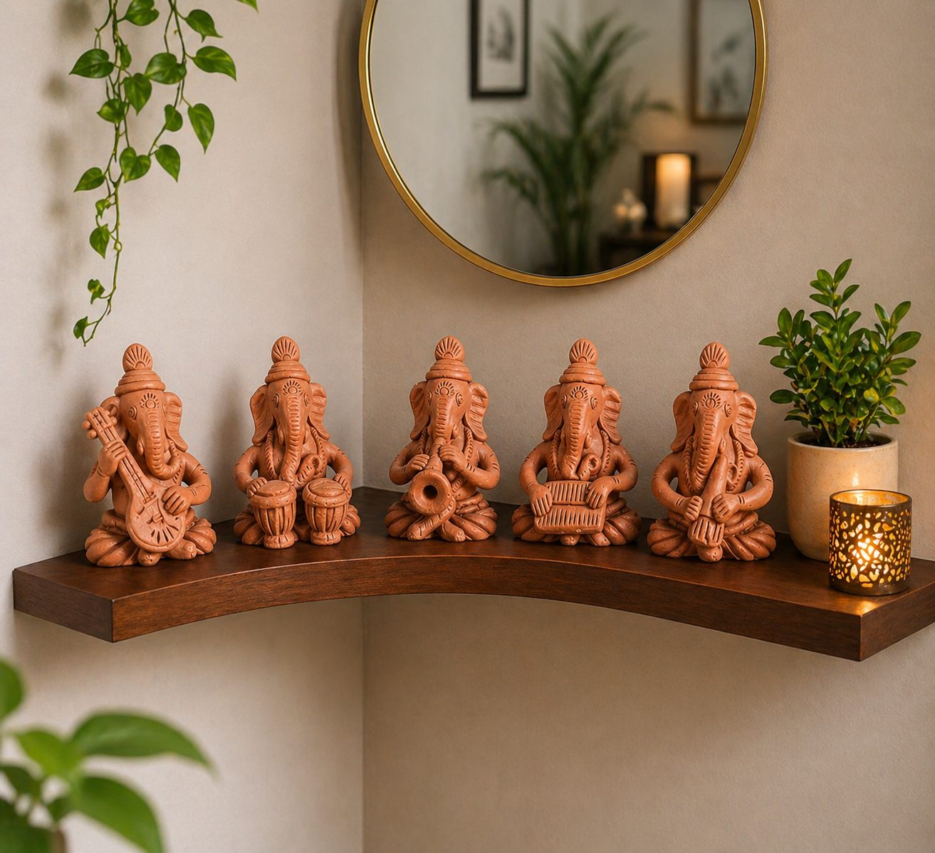 Handmade GI Tagged Gorakhpur Terracotta Musical Ganesha Idol Set (Set of 5)