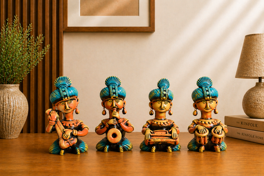 Handmade GI Tagged Gorakhpur Terracotta Tribal Musicians Set (Set of 4) – 8 Inches