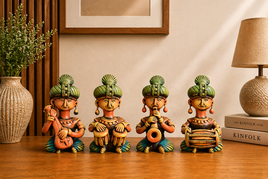 Handmade GI Tagged Gorakhpur Terracotta Tribal Musicians Set (Set of 4) – 8 Inches