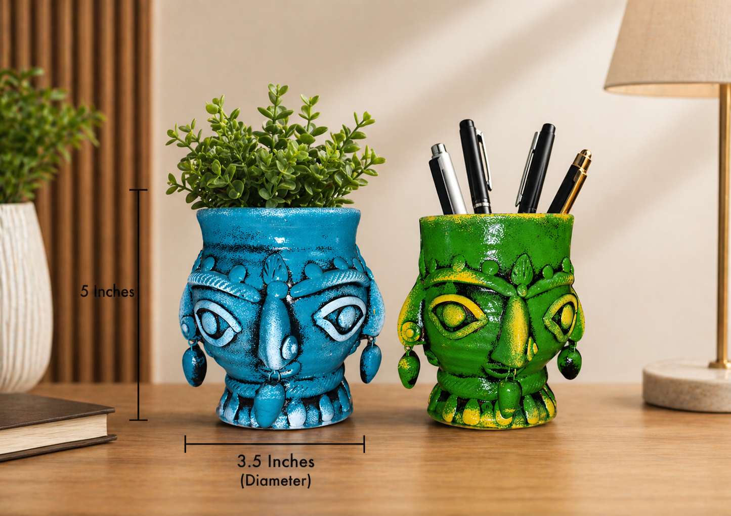 Handmade GI Tagged Gorakhpur Terracotta 360° Tribal Face Planter & Utility Holder (Set of 2)