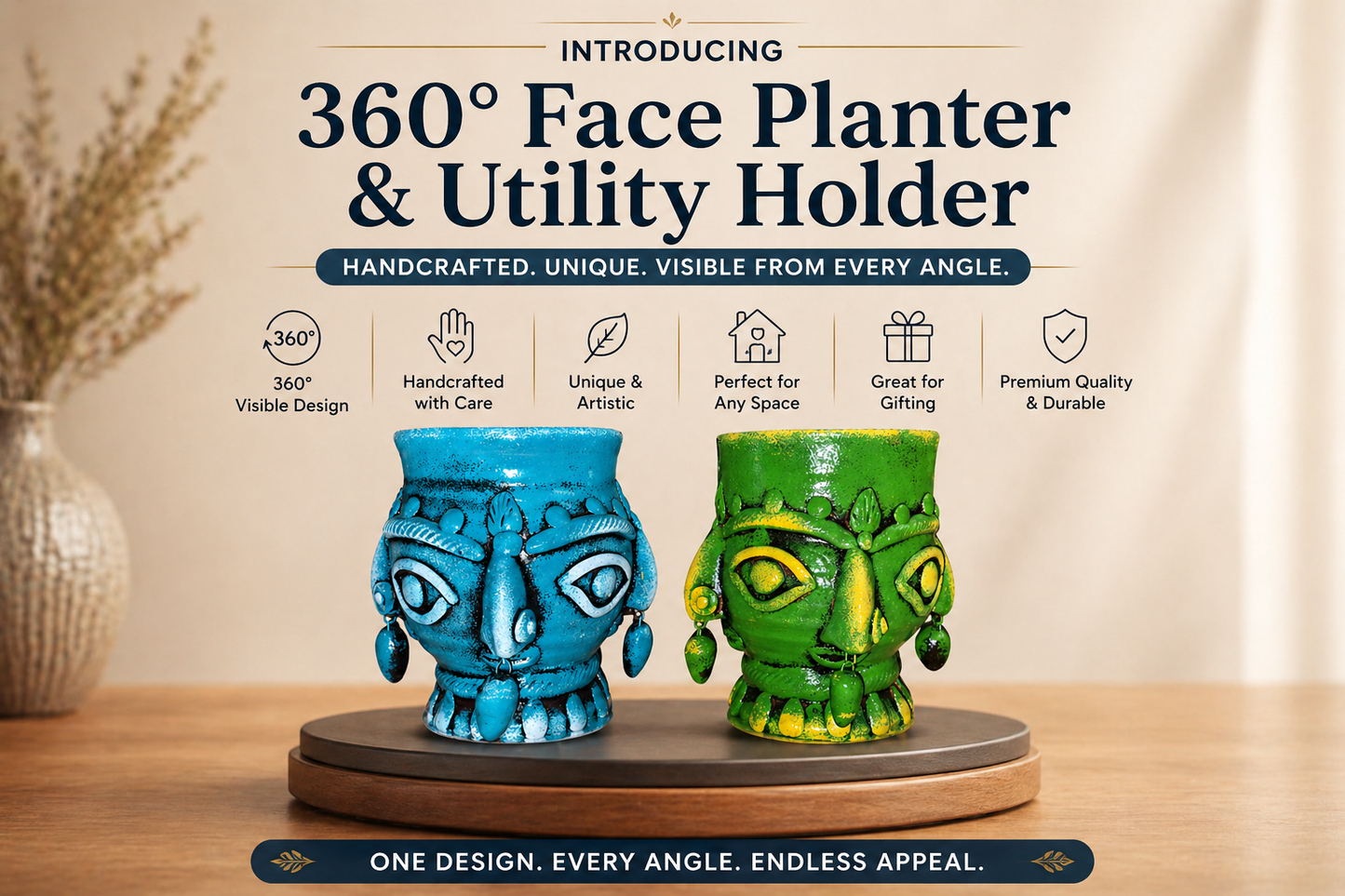 Handmade GI Tagged Gorakhpur Terracotta 360° Tribal Face Planter & Utility Holder (Set of 2)