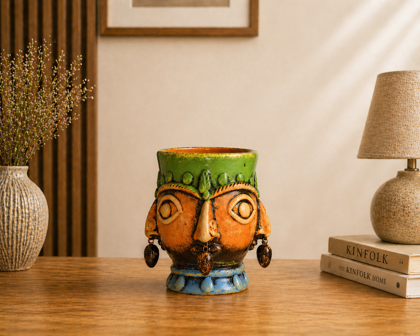 Handmade GI Tagged Gorakhpur Terracotta 360° Tribal Face Planter & Utility Holder (5 Inches)