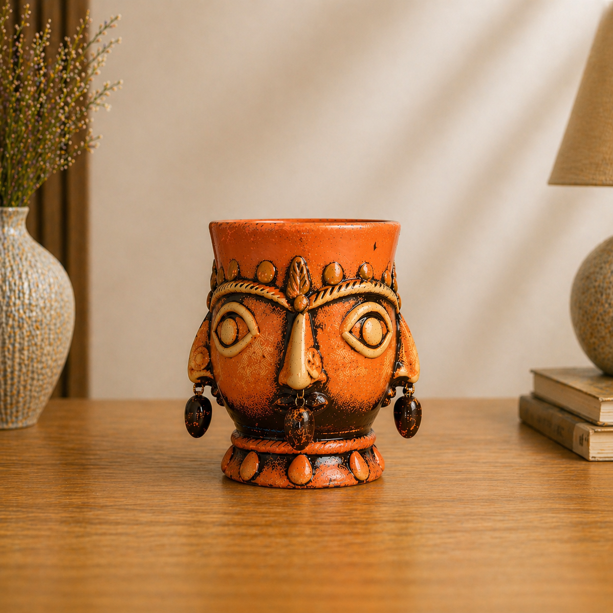 Handmade GI Tagged Gorakhpur Terracotta 360° Tribal Face Planter & Utility Holder (5 Inches)