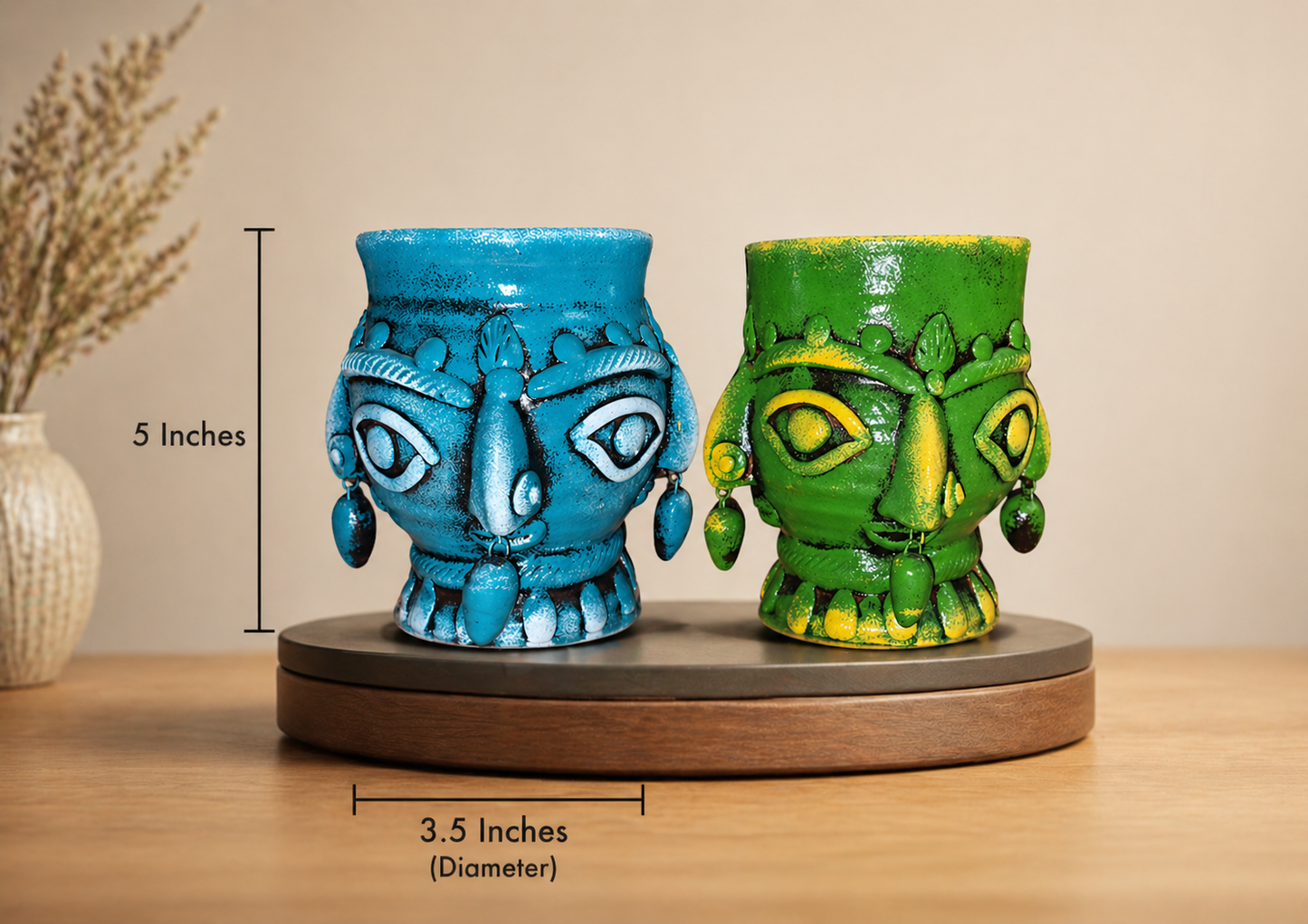 Handmade GI Tagged Gorakhpur Terracotta 360° Tribal Face Planter & Utility Holder (Set of 2)