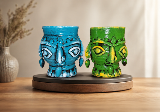 Handmade GI Tagged Gorakhpur Terracotta 360° Tribal Face Planter & Utility Holder (Set of 2)