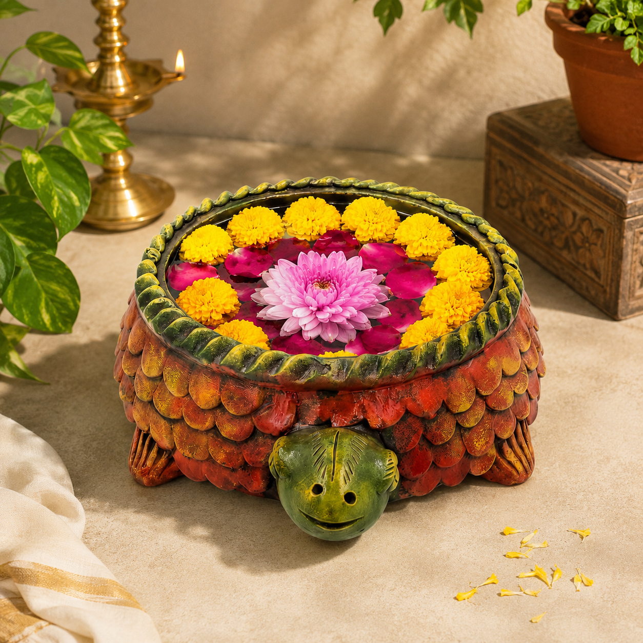 Handmade GI Tagged Gorakhpur Terracotta Royal Turtle Urli Bowl (37 cm Overall Length | 20 cm Bowl Diameter)