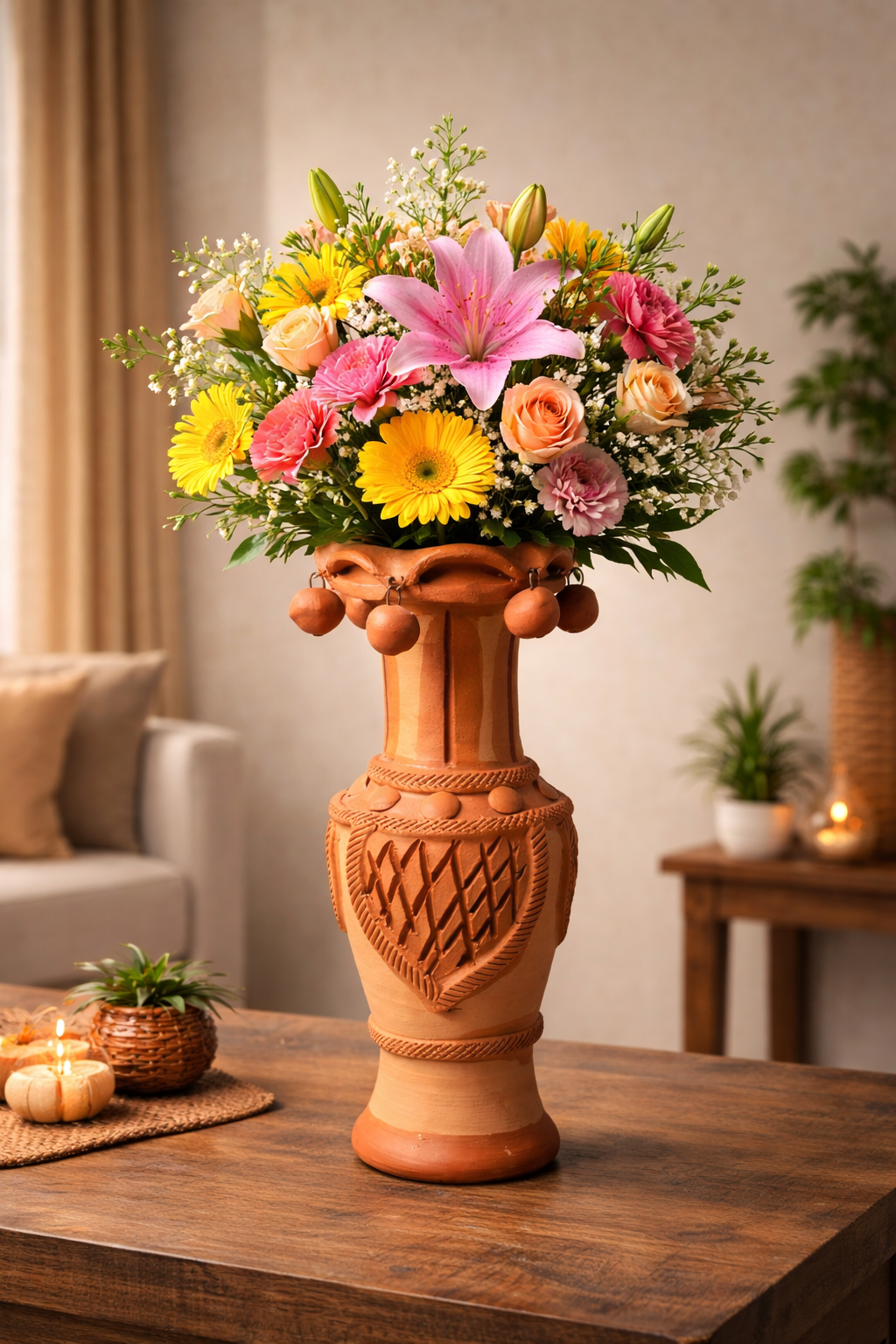 Handmade GI Tagged Gorakhpur Terracotta Heritage Bell Flower Vase (Natural Finish) – 12 Inch